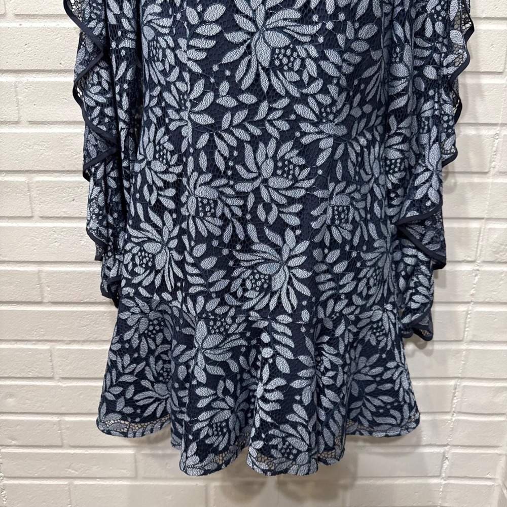 KEEPSAKE Engage Lace Long Sleeve Dress Floral Ruffle Mini Navy Blue Med - Picture 10 of 16